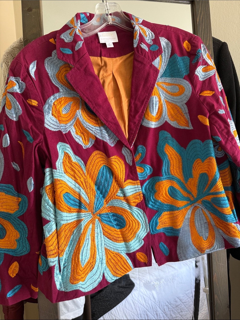 Anthropologie Embroidered Floral Blazer in Burgundy with Teal & Orange